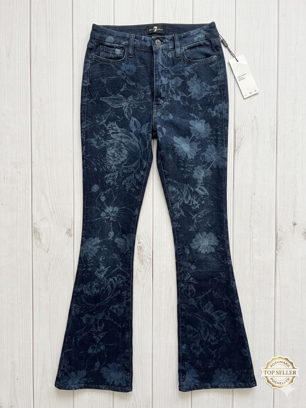 7 For All Mankind Dark Blue Floral Flare Jeans